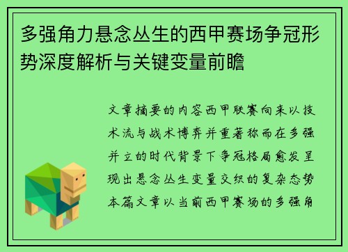 多强角力悬念丛生的西甲赛场争冠形势深度解析与关键变量前瞻