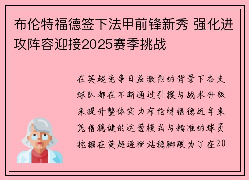 布伦特福德签下法甲前锋新秀 强化进攻阵容迎接2025赛季挑战